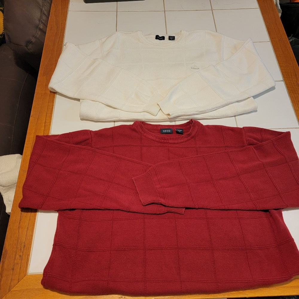 2 Izod Mens Cotton Crew Neck Cable Knit Sweaters Red and  White XL
